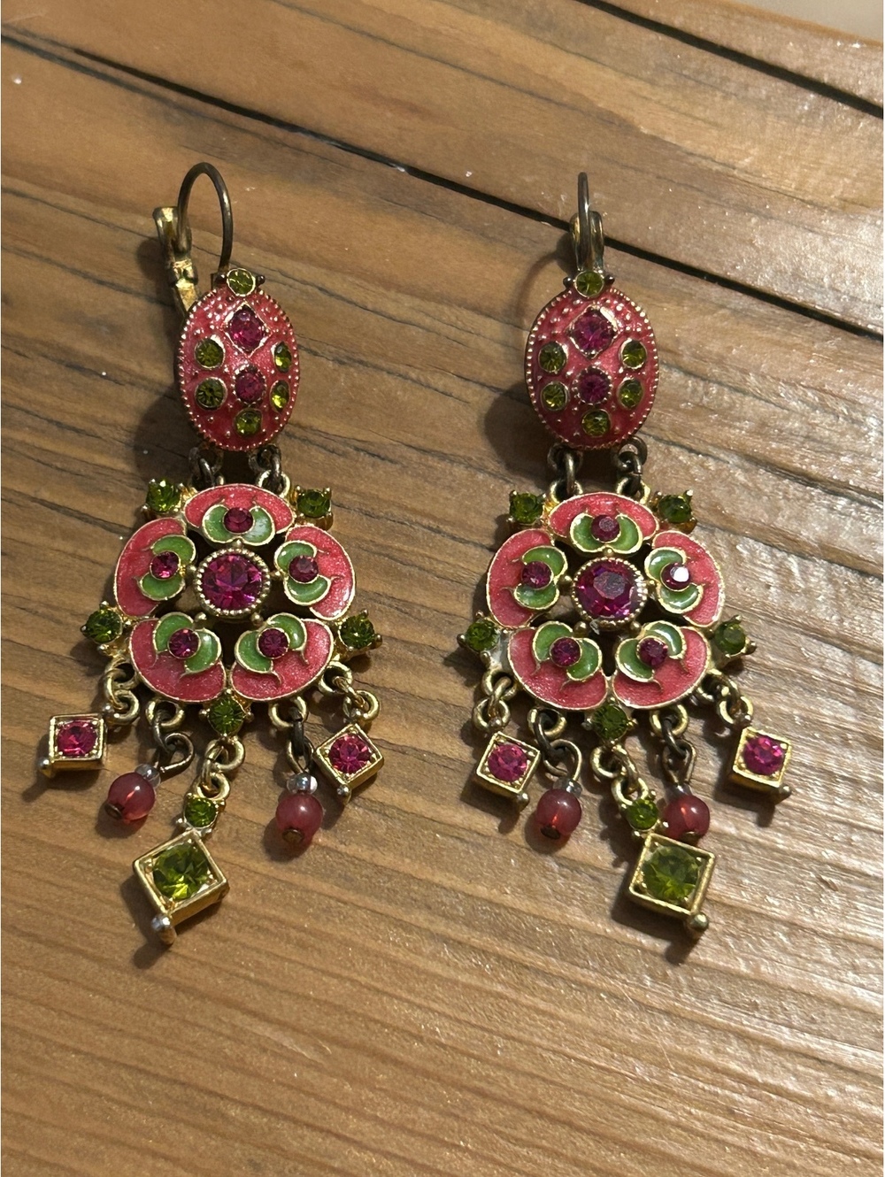 Vintage Style Pink and Green Floral Dangle Earrings